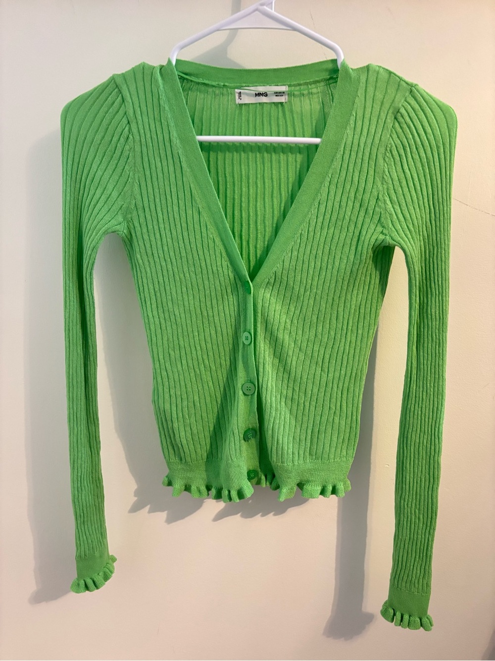 Mango Bright Green Ribbed V-Neck Button Cardigan with Ruffle Trim